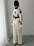 Tie-Up Waist Floral Print Splice Jacket And Matching Straight Loose Pants shein