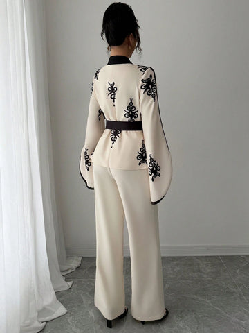 Tie-Up Waist Floral Print Splice Jacket And Matching Straight Loose Pants