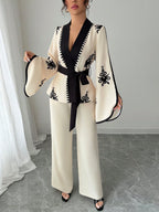 Tie-Up Waist Floral Print Splice Jacket And Matching Straight Loose Pants shein
