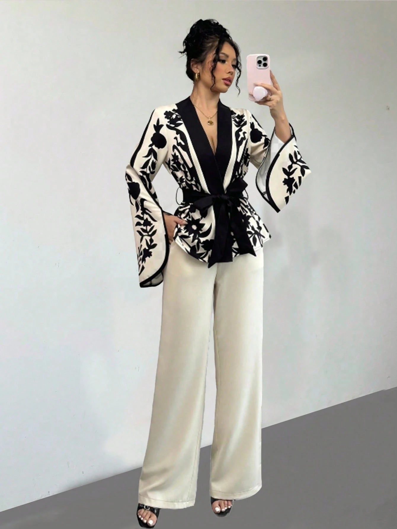 Tie-Up Waist Floral Print Splice Jacket And Matching Straight Loose Pants