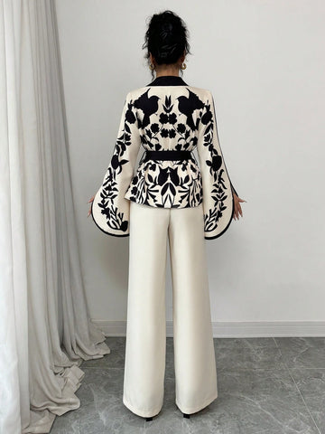 Tie-Up Waist Floral Print Splice Jacket And Matching Straight Loose Pants