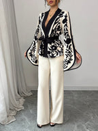 Tie-Up Waist Floral Print Splice Jacket And Matching Straight Loose Pants shein