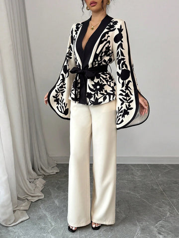 Tie-Up Waist Floral Print Splice Jacket And Matching Straight Loose Pants