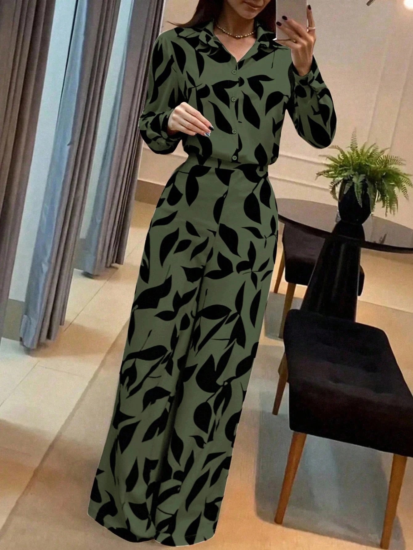 Geometric Floral Print Long Sleeve 2 Pieces Set