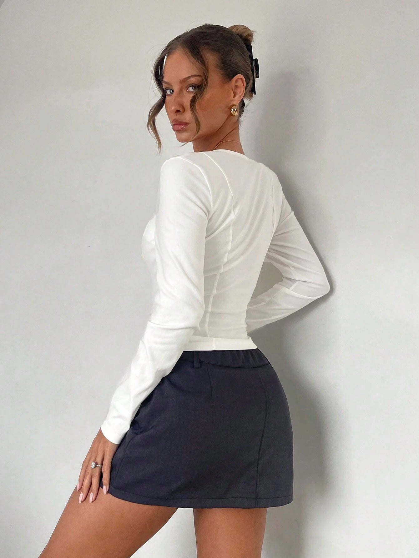 Almamuse Niche Design Fitted Long Sleeve Square Collar Blouse