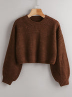 Chiquease Solid Drop Shoulder Crop Sweater shein
