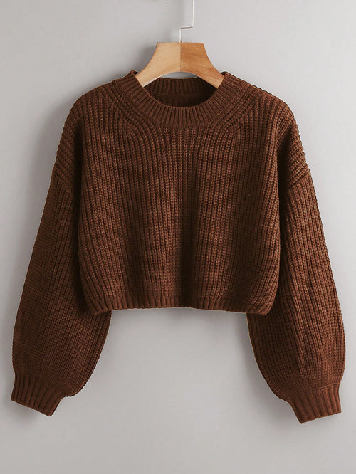 Chiquease Solid Drop Shoulder Crop Sweater shein