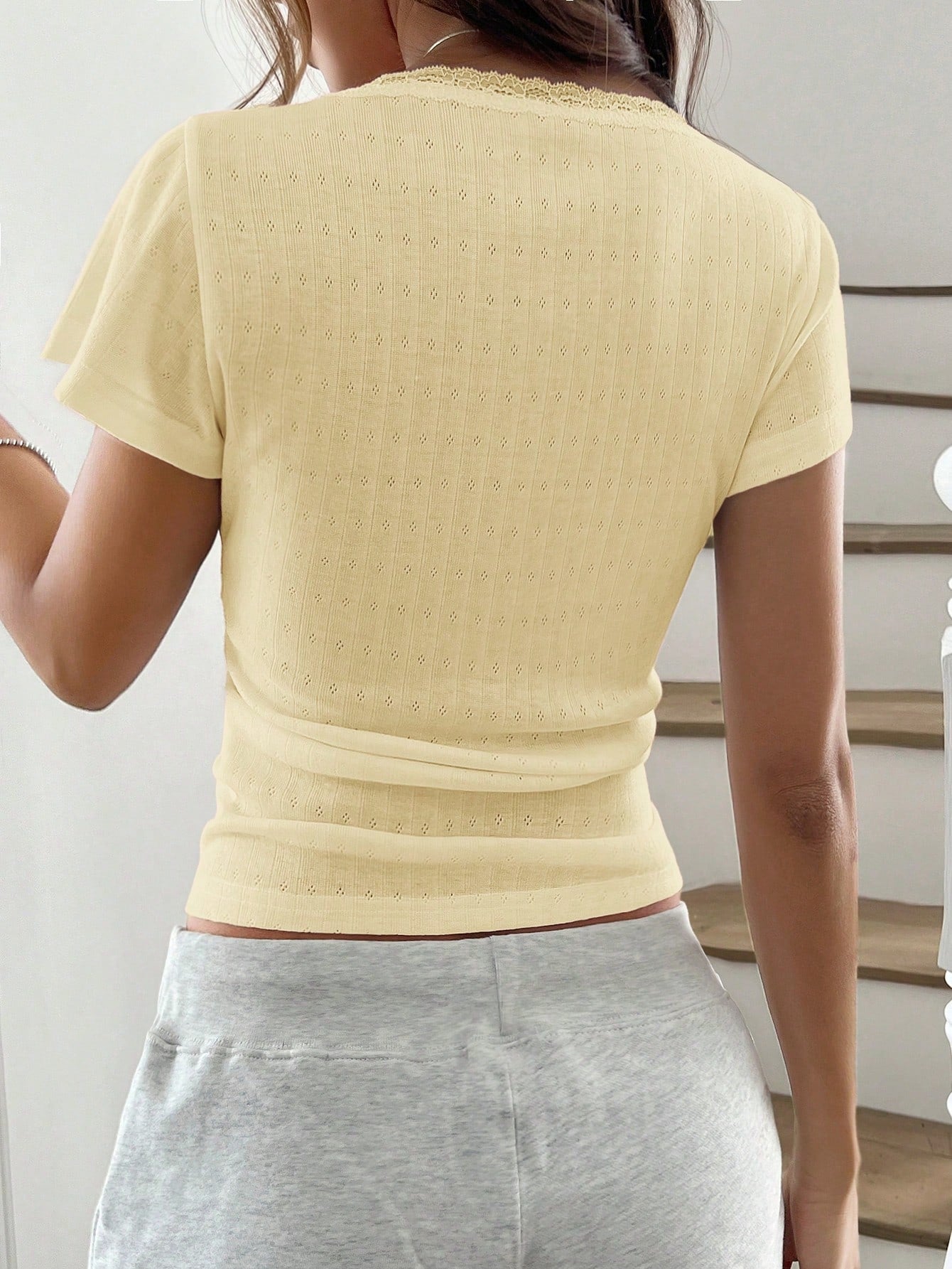Chiquease Sweet Lace Trim Short Sleeve T-Shirt shein