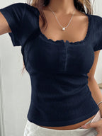 Chiquease Sweet Lace Trim Short Sleeve T-Shirt shein