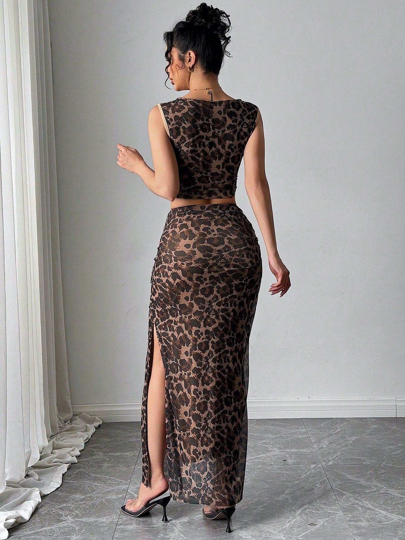 Women Elegant Leopard Print Sleeveless Tank And Mini Skirt