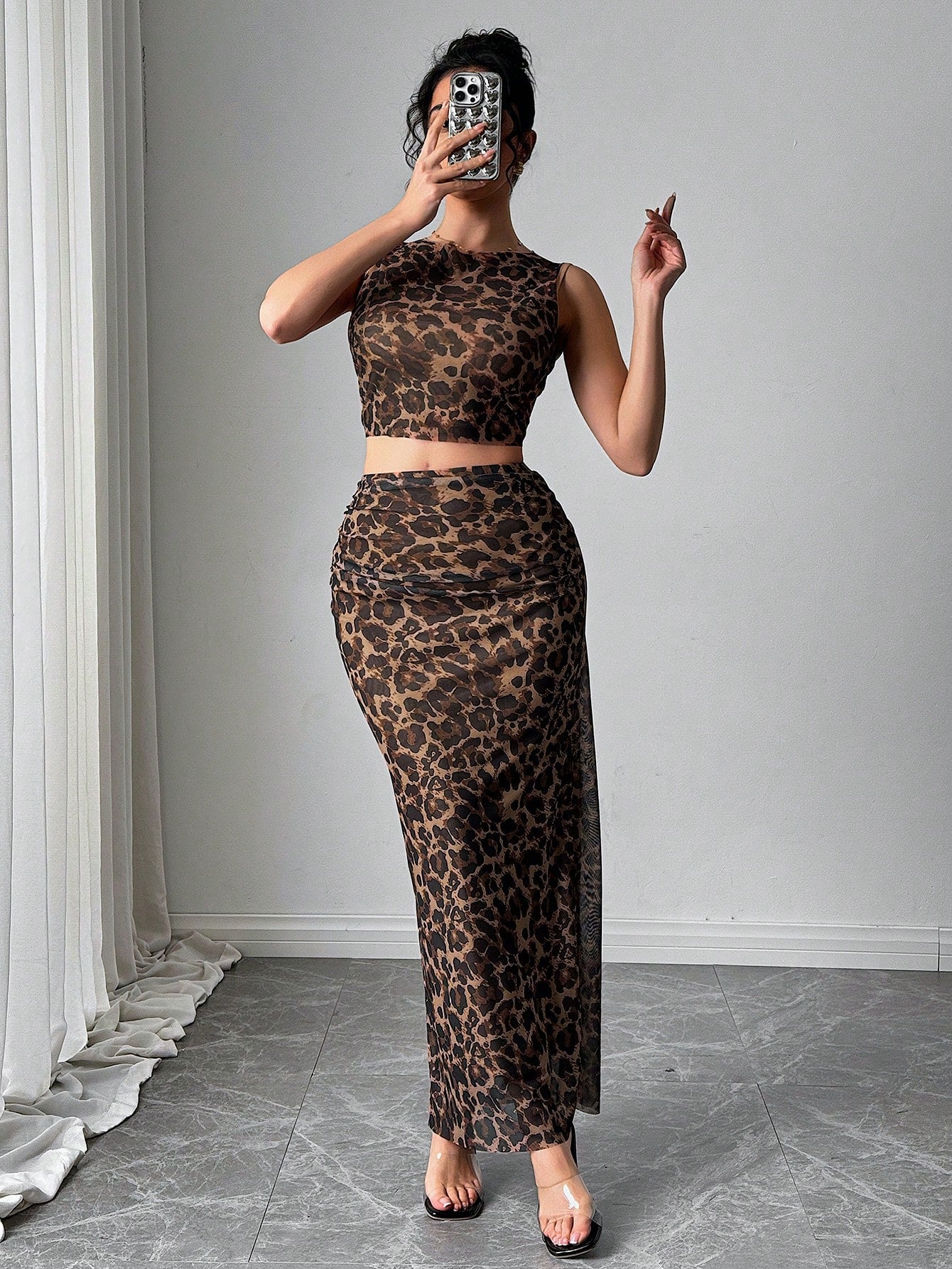 Women Elegant Leopard Print Sleeveless Tank And Mini Skirt