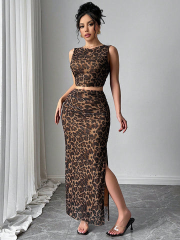 Women Elegant Leopard Print Sleeveless Tank And Mini Skirt