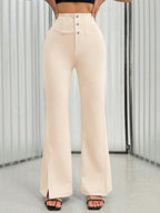Women's Solid Color Waist Button Front Flare Leg Elegant Pants shein