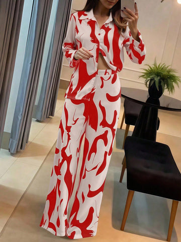 Geometric Floral Print Long Sleeve 2 Pieces Set