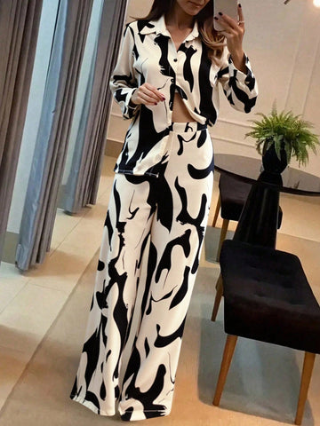 Geometric Floral Print Long Sleeve 2 Pieces Set