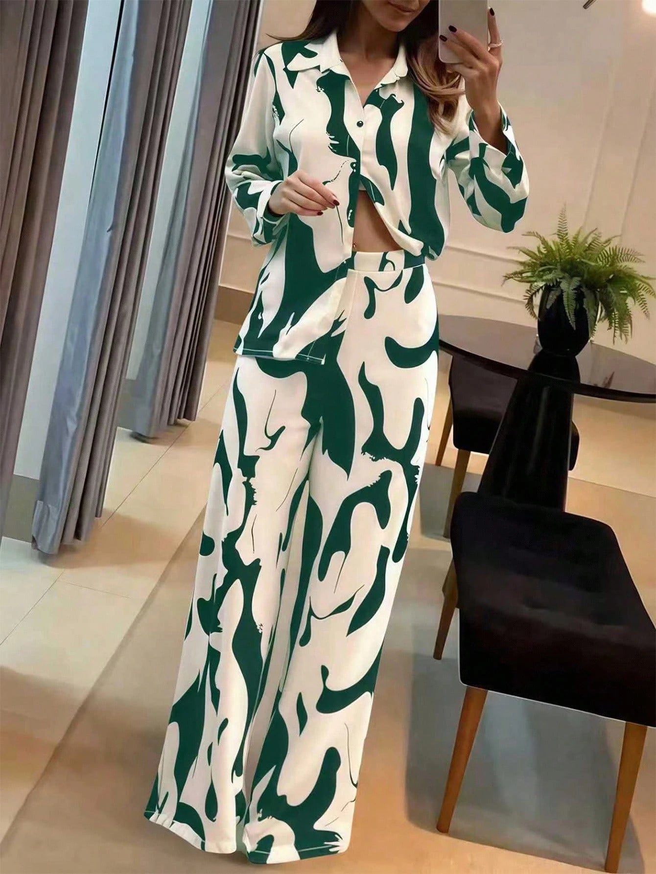 Geometric Floral Print Long Sleeve 2 Pieces Set