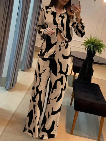 Geometric Floral Print Long Sleeve 2 Pieces Set