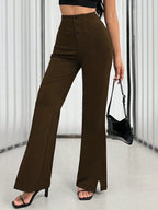 Women's Solid Color Waist Button Front Flare Leg Elegant Pants shein