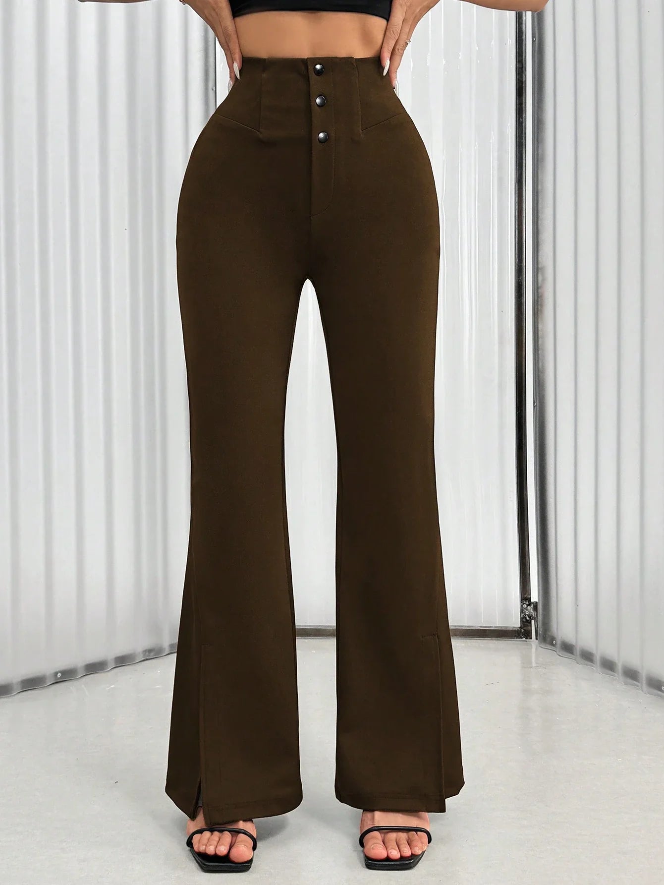 Women's Solid Color Waist Button Front Flare Leg Elegant Pants shein