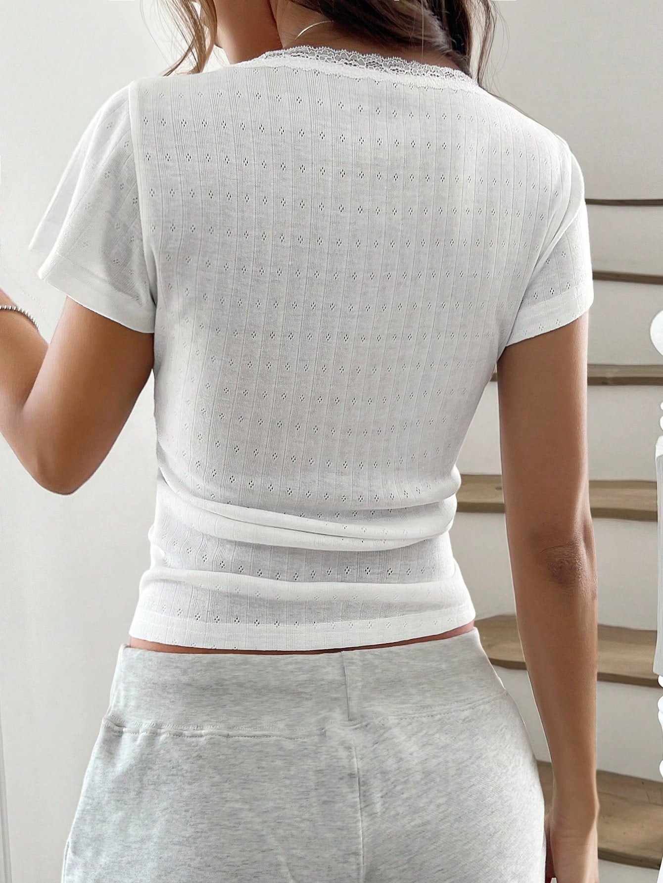 Chiquease Sweet Lace Trim Short Sleeve T-Shirt shein