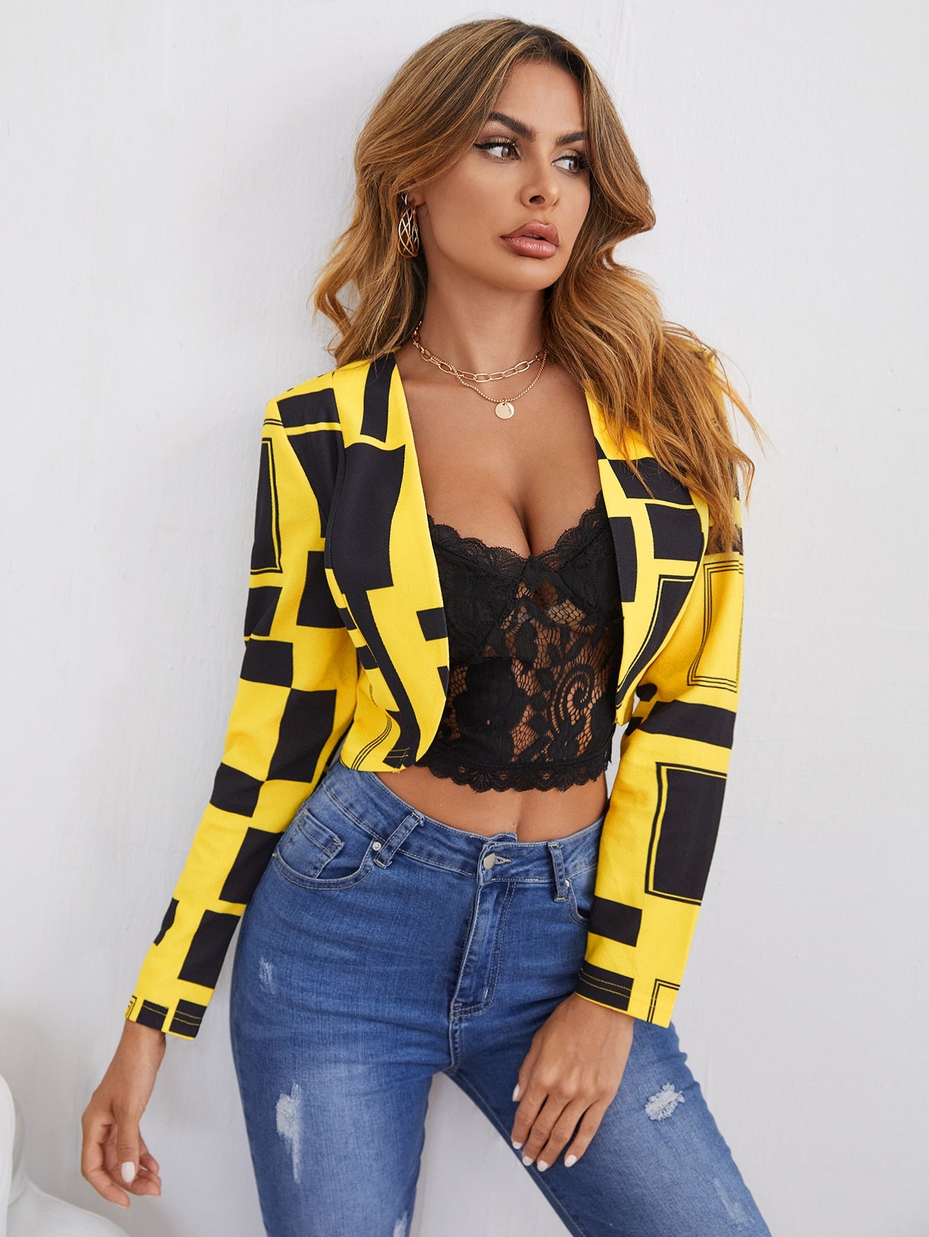 Clasi Geo Print Open Front Crop Blazer shein