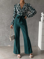 Clasi Graphic Lantern Sleeve Belted Flare Leg Jumpsuit shein