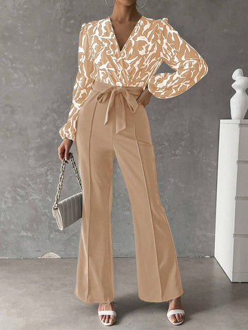 Clasi Graphic Lantern Sleeve Belted Flare Leg Jumpsuit shein