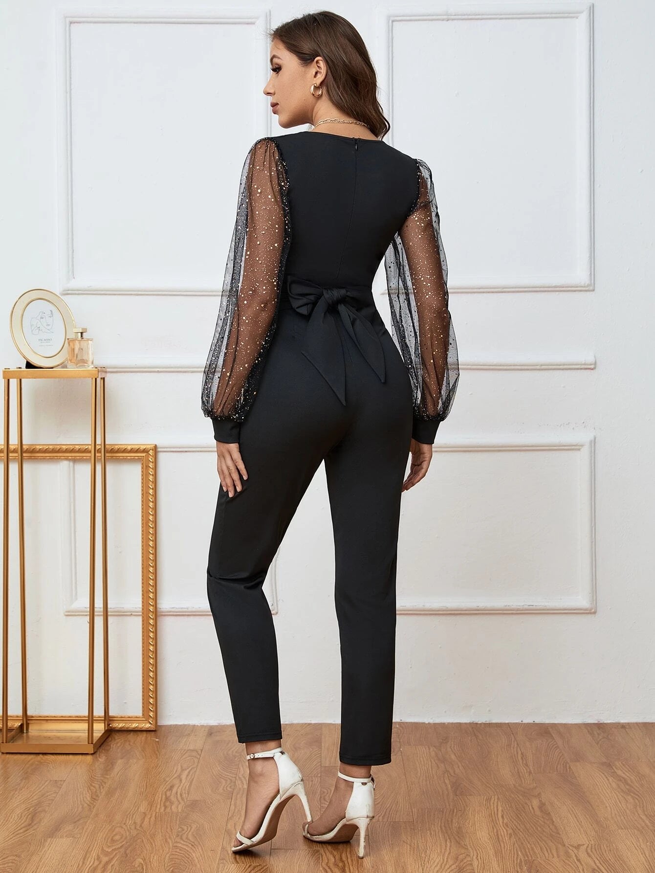 Clasi Mesh Insert Lantern Sleeve Tie Back Jumpsuit shein