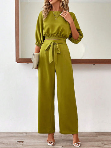 Clasi Solid Batwing Sleeve Top & Belted Wide Leg Pants shein