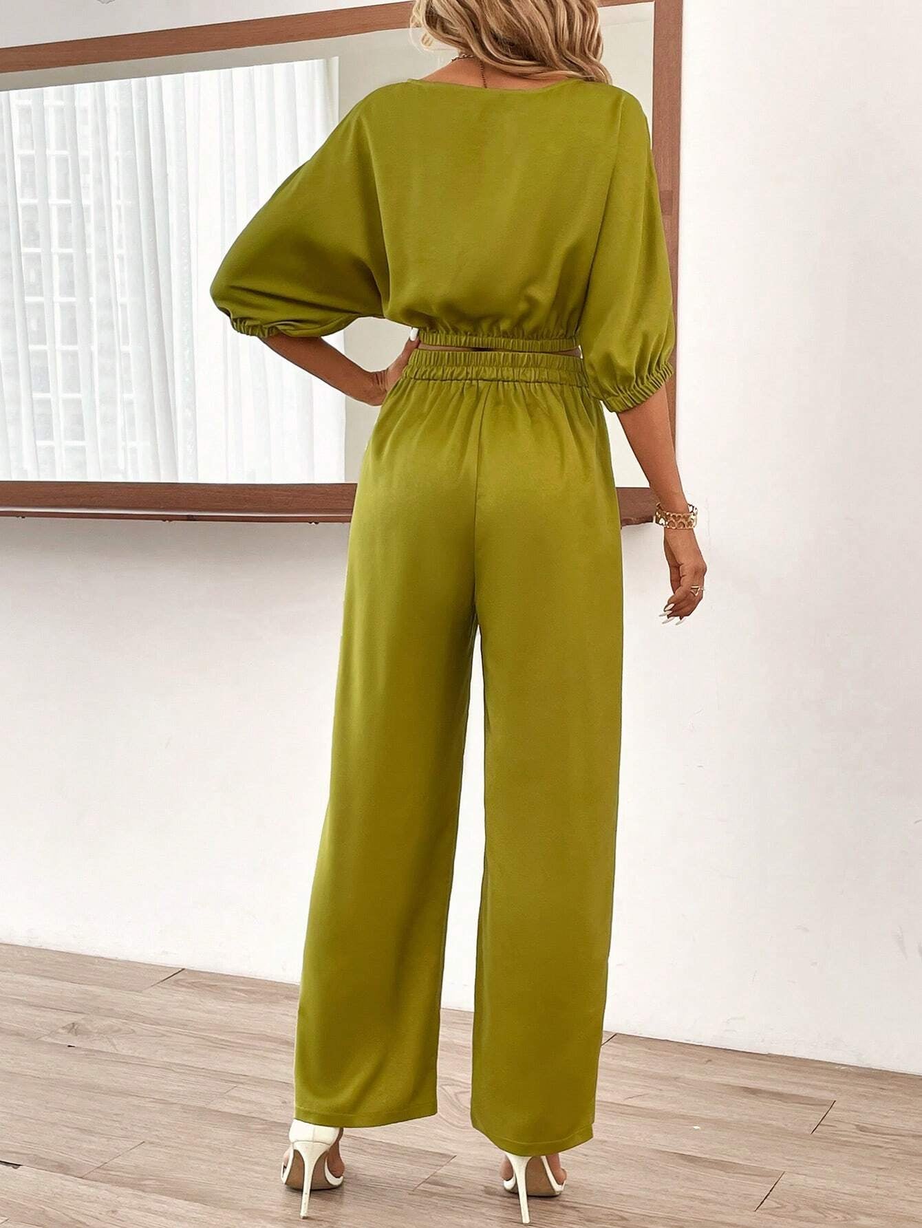 Clasi Solid Batwing Sleeve Top & Belted Wide Leg Pants shein