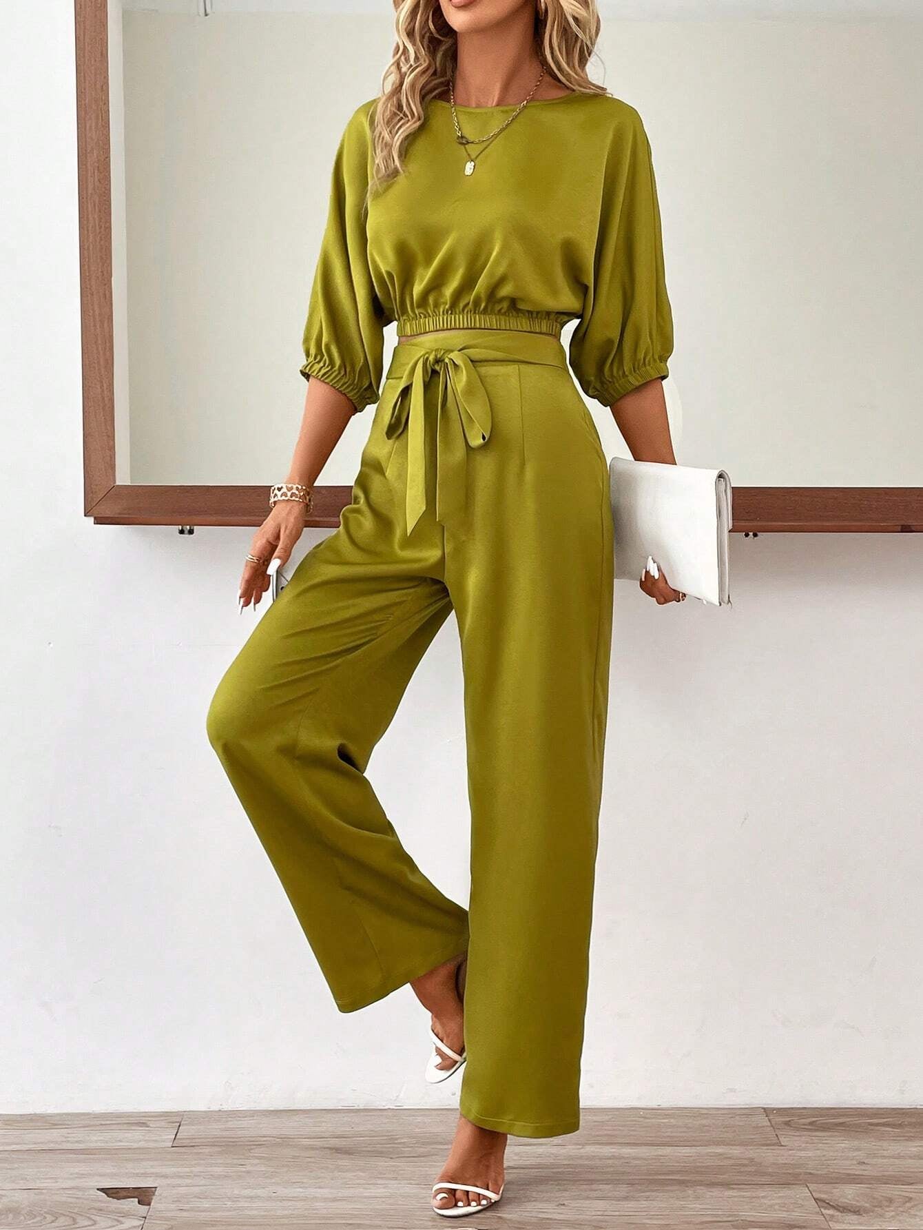 Clasi Solid Batwing Sleeve Top & Belted Wide Leg Pants shein