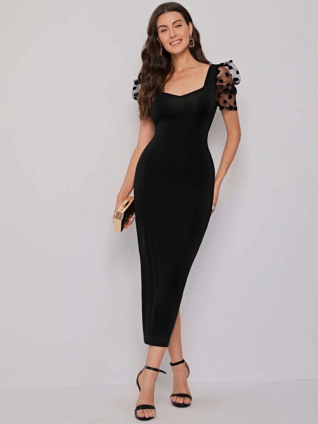 Clasi Sweetheart Neck Mesh Puff Sleeve Dress shein