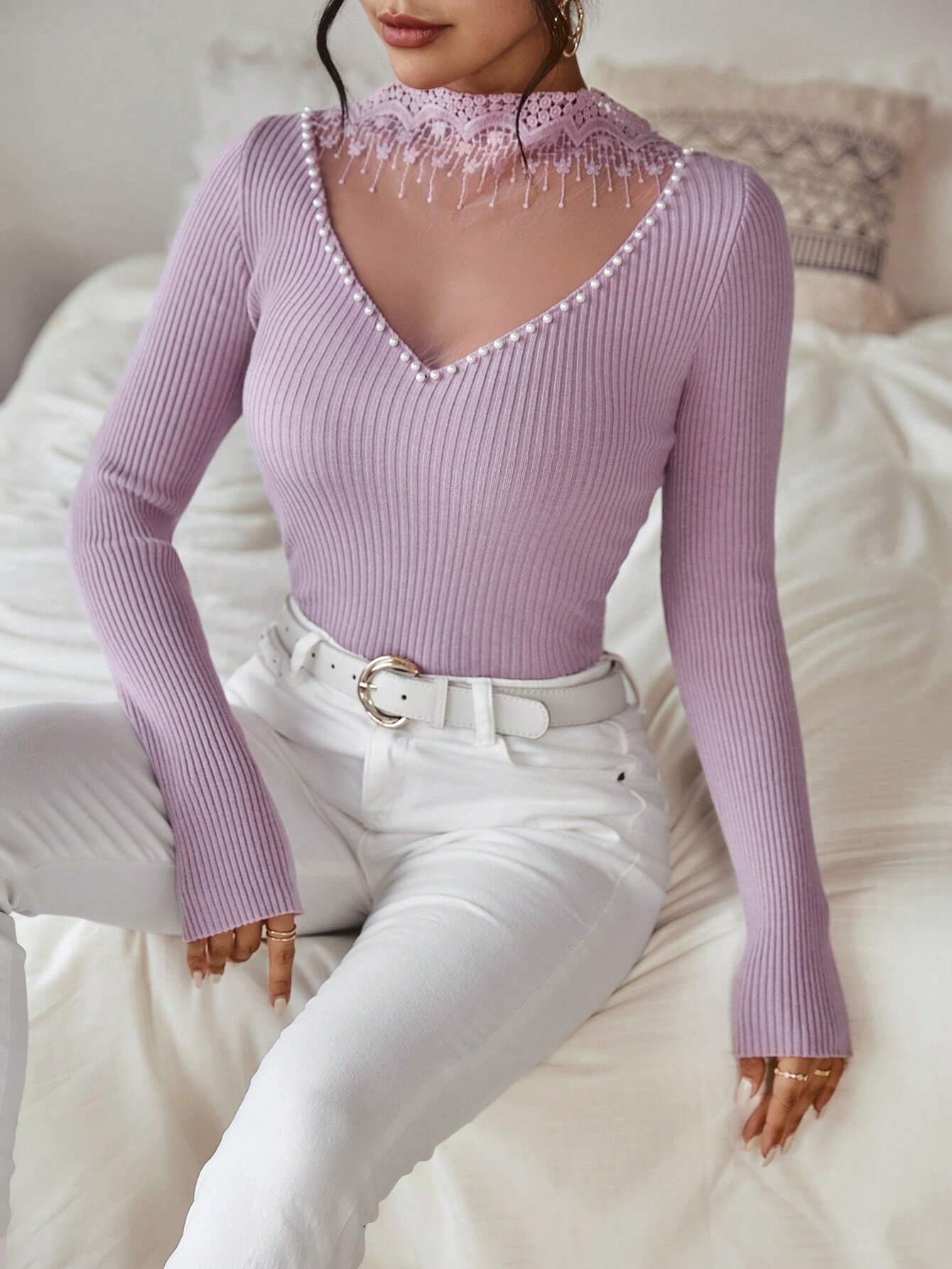 Clasi Pearls Beaded Mock Neck Ribbed Knit Sweater shein