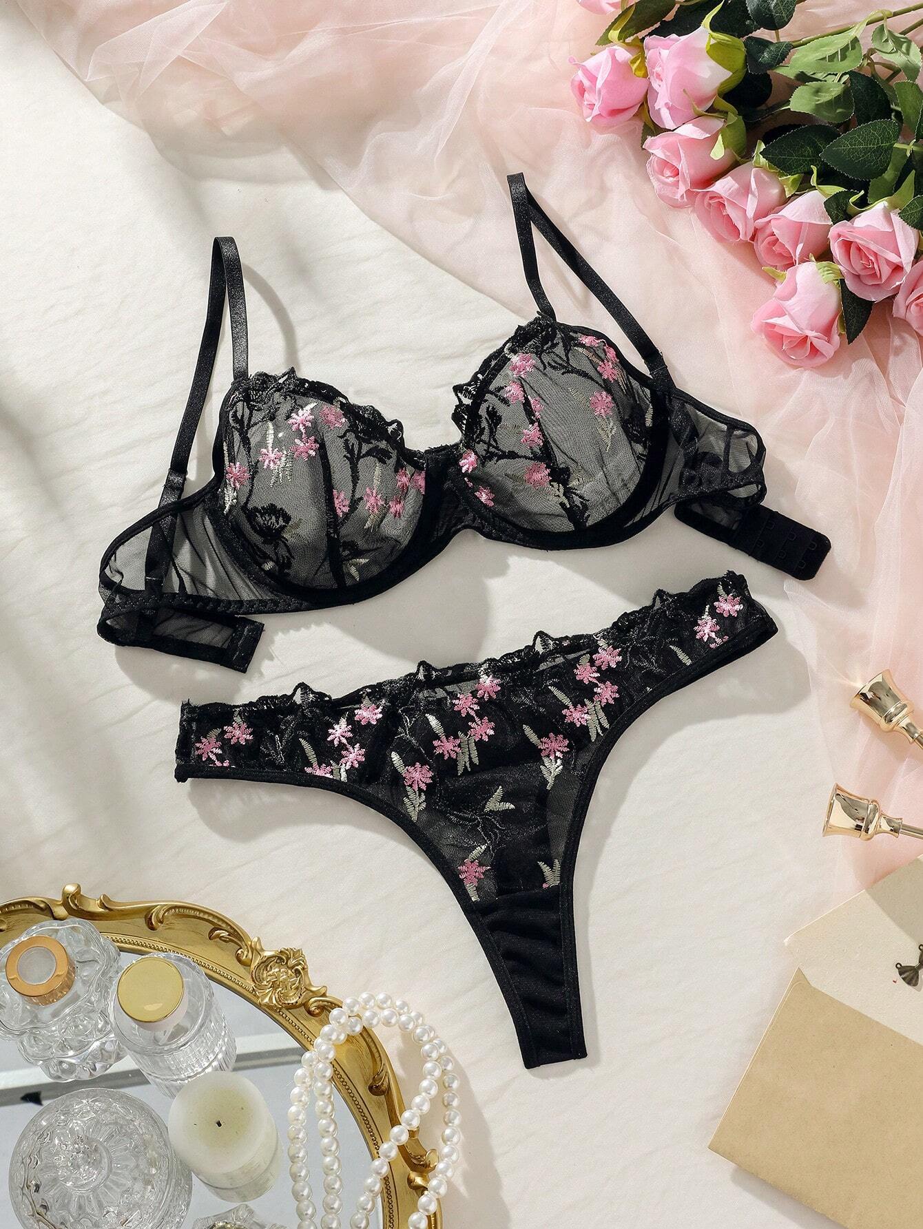 Classic Sexy Floral Embroidery Mesh Underwire Lingerie Set shein