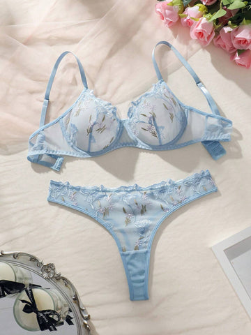 Classic Sexy Floral Embroidery Mesh Underwire Lingerie Set shein