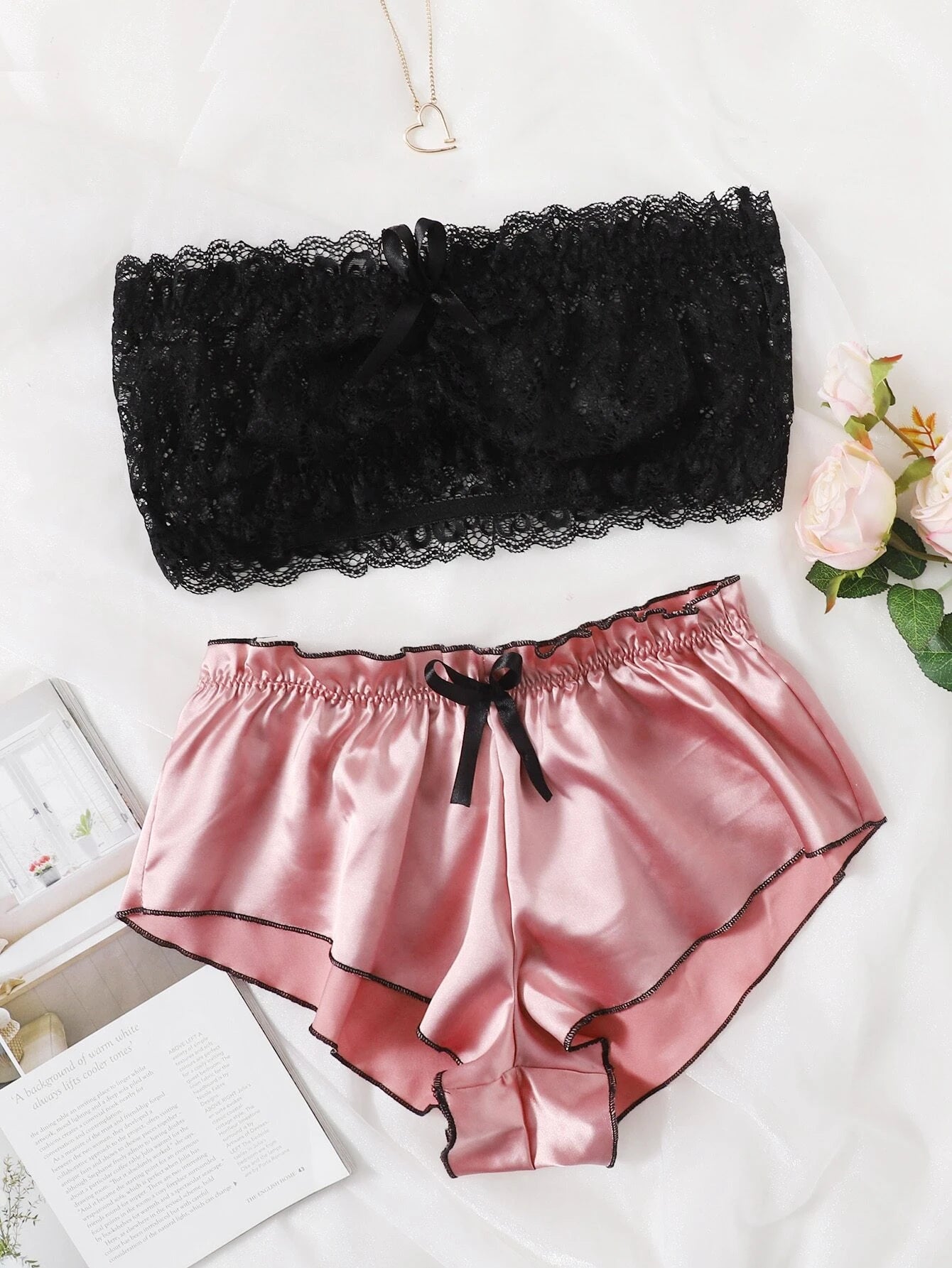 Classic Sexy Floral Lace Bandeau Bralette With Satin Shorts shein