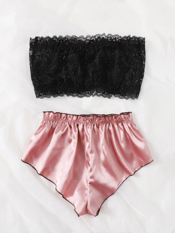 Classic Sexy Floral Lace Bandeau Bralette With Satin Shorts shein