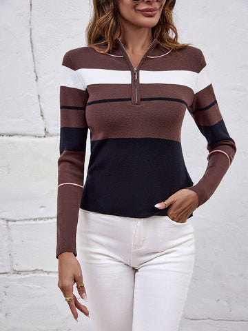 Color Block Half Zip Sweater shein