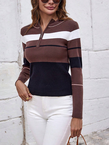 Color Block Half Zip Sweater shein