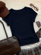 Women's Contrast Trim Round Neck Short Sleeve Casual Versatile T-Shirt shein