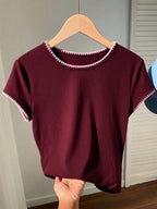 Women's Contrast Trim Round Neck Short Sleeve Casual Versatile T-Shirt shein