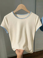 Women's Contrast Trim Round Neck Short Sleeve Casual Versatile T-Shirt shein