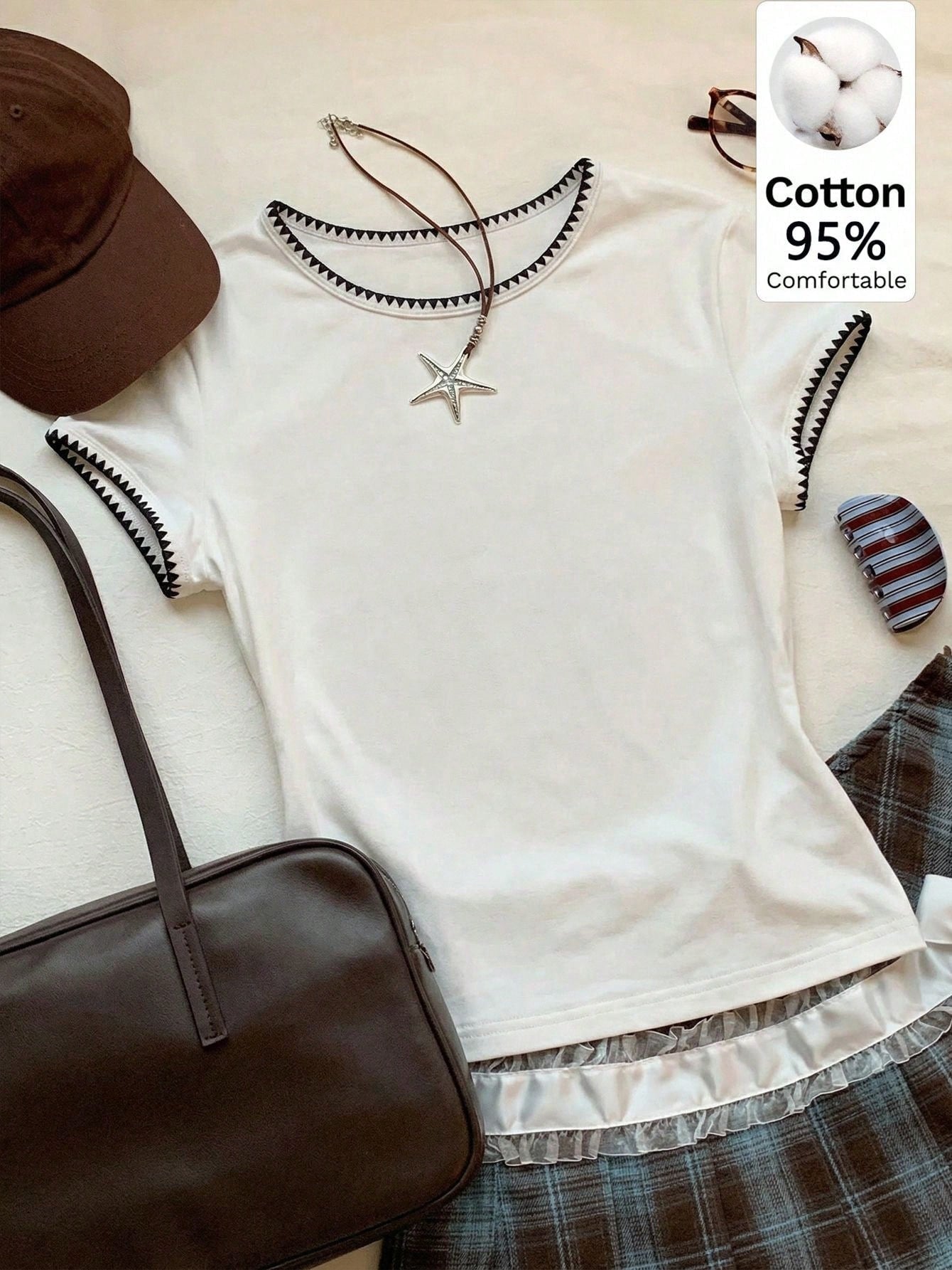 Women's Contrast Trim Round Neck Short Sleeve Casual Versatile T-Shirt shein