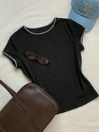 Women's Contrast Trim Round Neck Short Sleeve Casual Versatile T-Shirt shein
