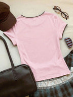 Women's Contrast Trim Round Neck Short Sleeve Casual Versatile T-Shirt shein
