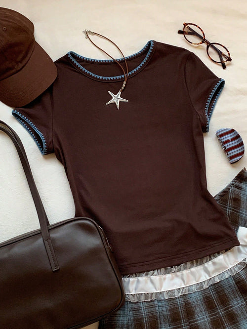 Women's Contrast Trim Round Neck Short Sleeve Casual Versatile T-Shirt shein