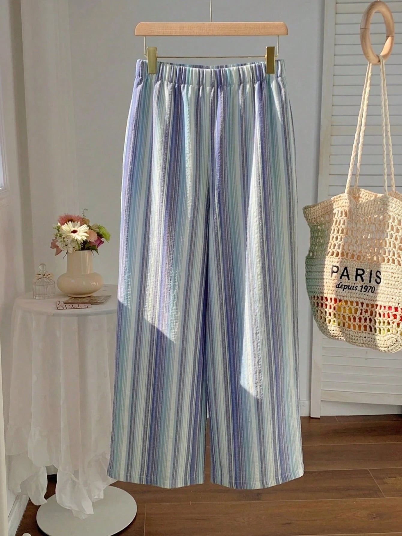 Casual Striped Wide Leg Pants Pink Striped Pants