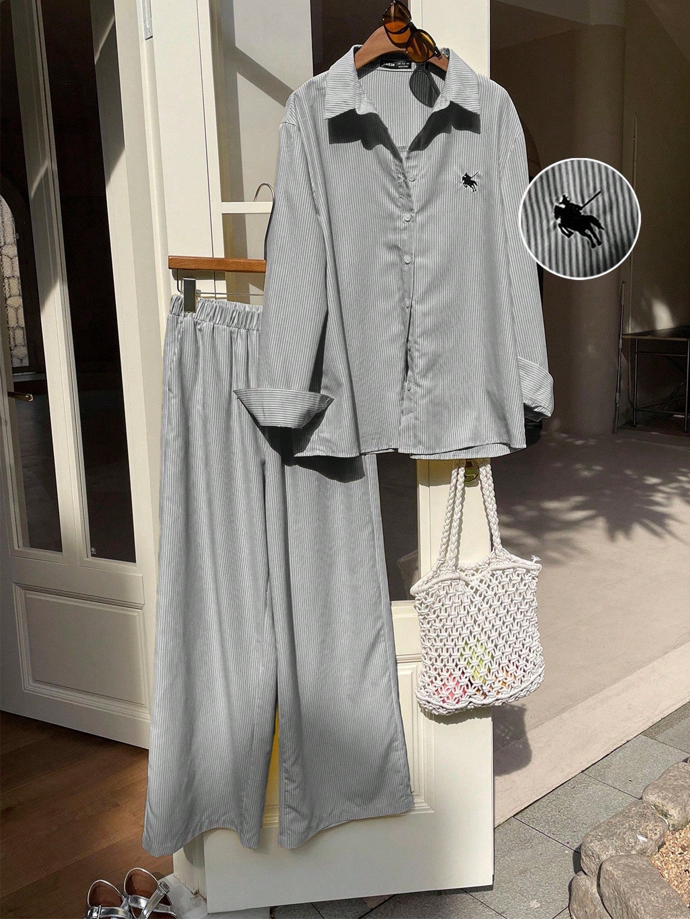 Women's New Striped Embroidered Loose Shirt And Pants Set shein