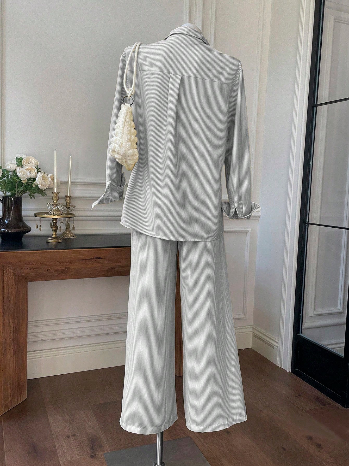 Women's New Striped Embroidered Loose Shirt And Pants Set shein