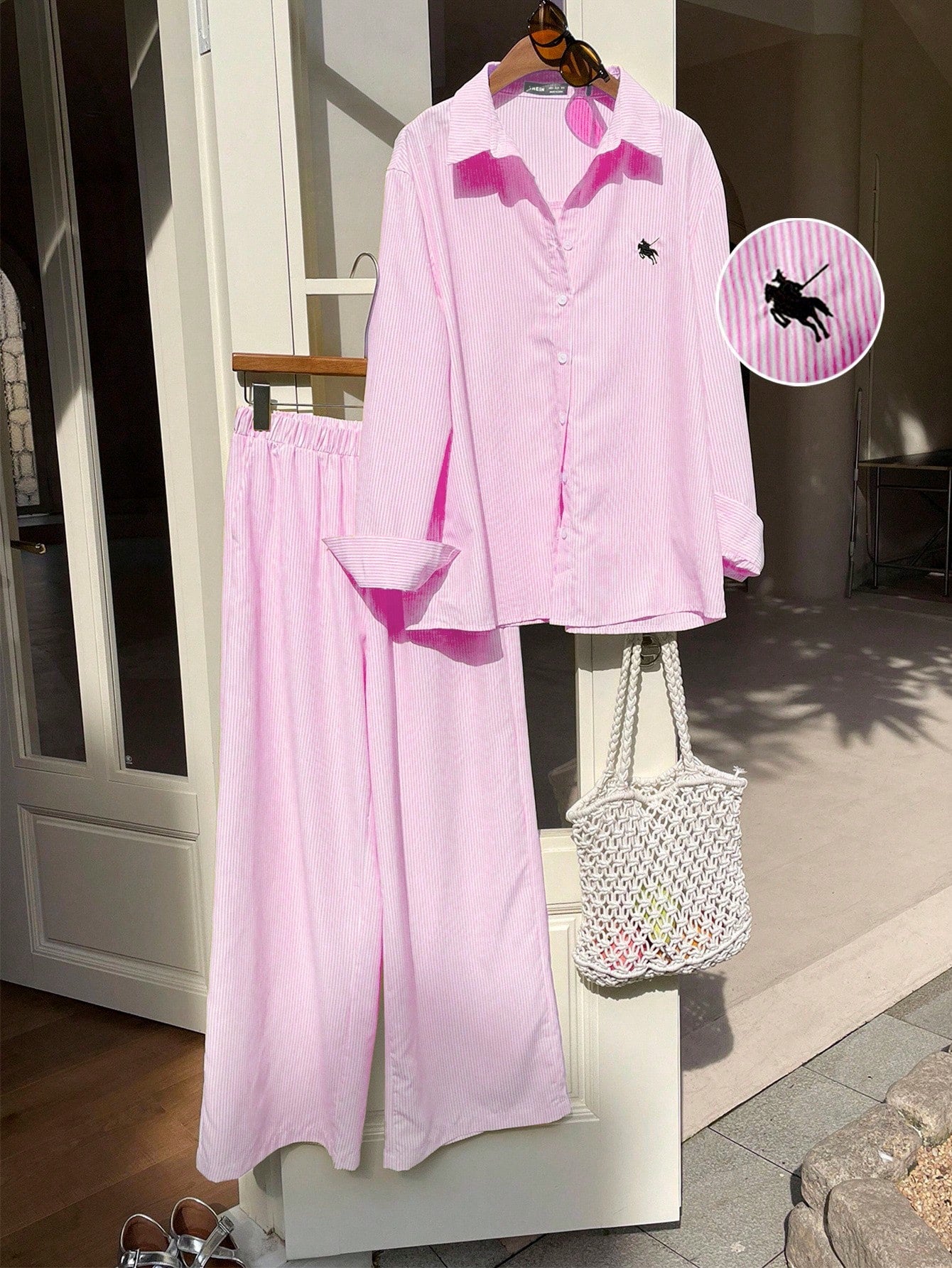 Women's New Striped Embroidered Loose Shirt And Pants Set shein